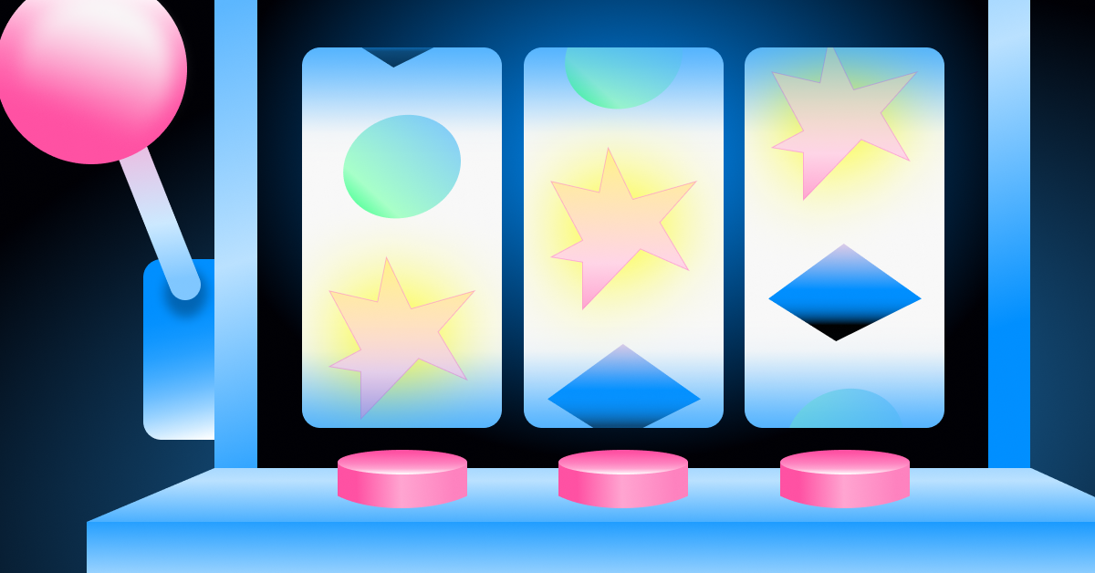 Slot machine with reels of colorful shapes, illustrating how dynamic creative optimization (DCO) combines ad elements