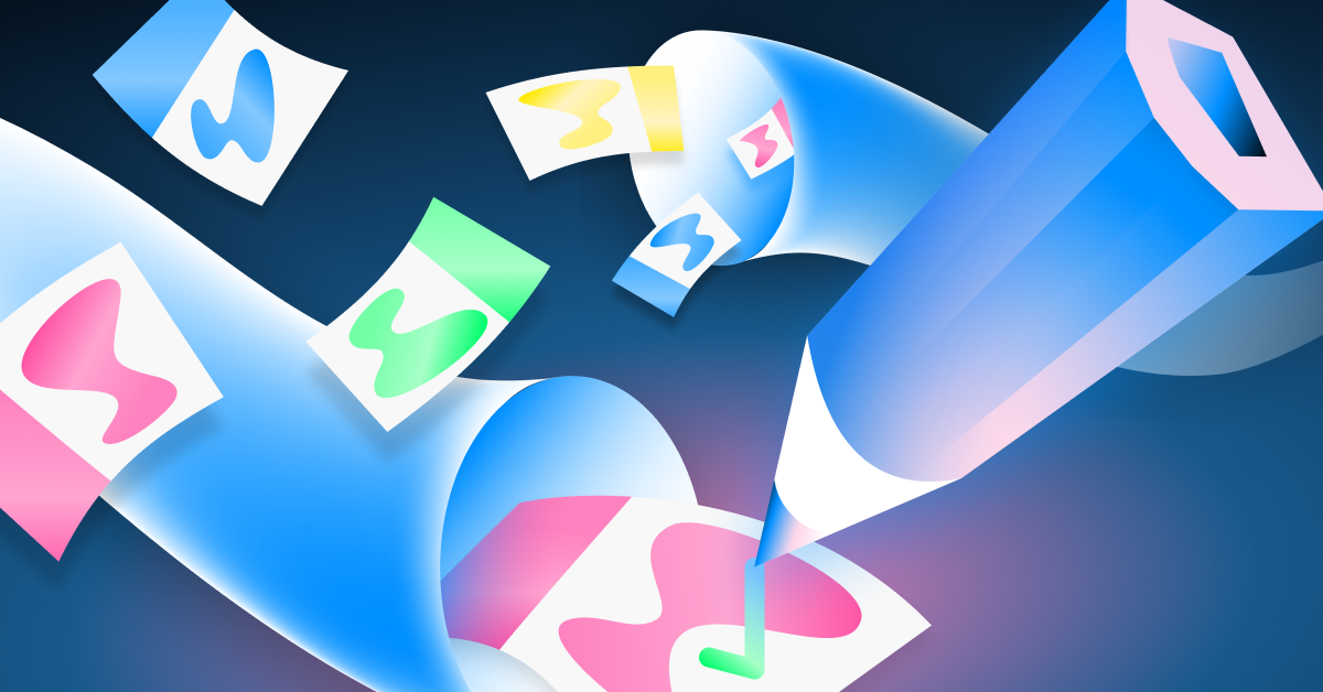 Illustration of a blue pencil drawing a stream of colorful ad creative variants, representing enterprise creative automation with Celtra