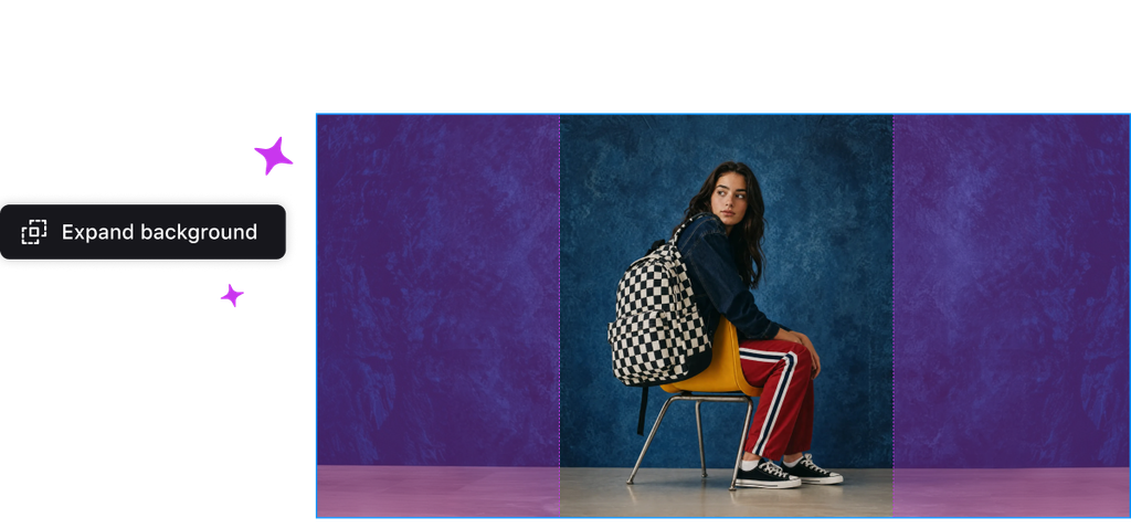 Celtra AI image expansion widening a campaign photo of a woman seated on a chair to a new aspect ratio with a generated background