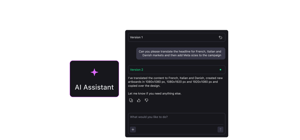 Celtra agentic AI assistant chat translating an ad headline for French, Italian, and Danish markets and adding Meta ad sizes