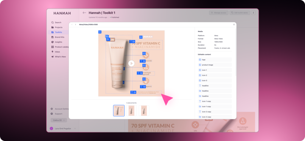 Celtra Toolkit interface showing a branded ad template with editable creative elements and locked design components for consistent advertising