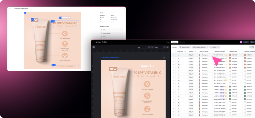 Celtra content table view displaying multilingual headline variations populated across a branded ad template using structured content