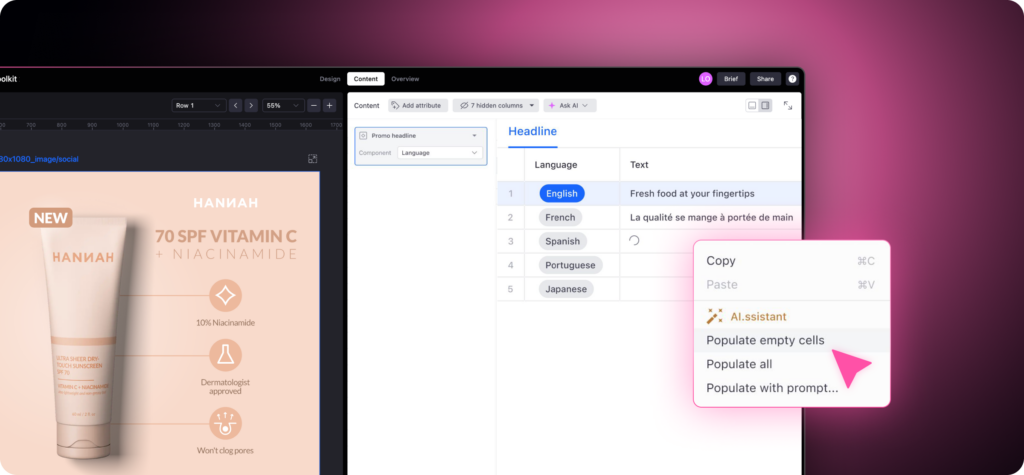 Celtra design editor with locked brand elements and editable text layers inside a reusable branded ad template