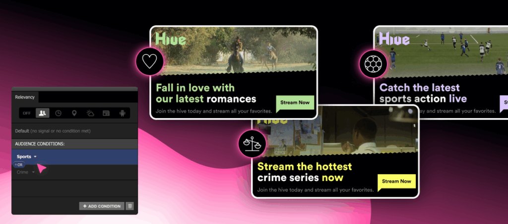 Dynamic video ad template generating multiple personalized video variations on the right, tailored to individual viewer characteristics like location, interests, and demographics.