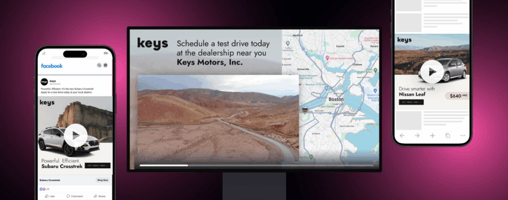 Dynamic video ads shown across multiple platforms: Facebook social feed, Hulu streaming interface, and programmatic in-article display ad, demonstrating personalized creative variations for each channel.