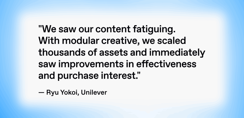Quote by Ryu Yokoi from Unilever: “We saw our content fatiguing... With modular creative, we scaled thousands of assets and saw improvements in effectiveness and purchase interest.”