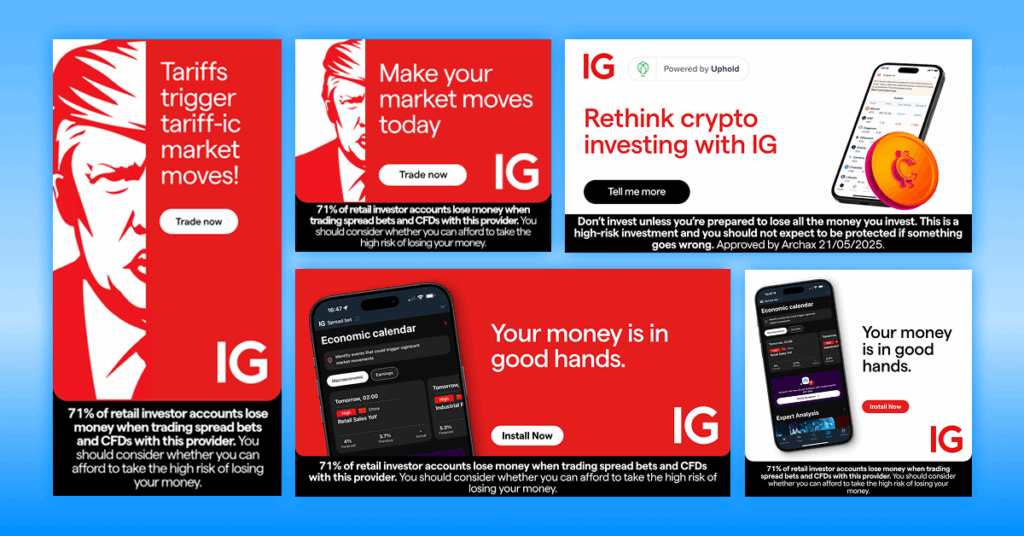 Collection of IG advertising creatives including bold red and black layouts, financial messages, and crypto investing ads displayed in Celtra’s Creative Automation platform.