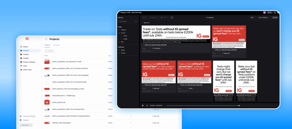 Screenshot of Celtra’s Creative Automation platform showing IG ad campaign projects and preview of Tesla creative assets for display ads.