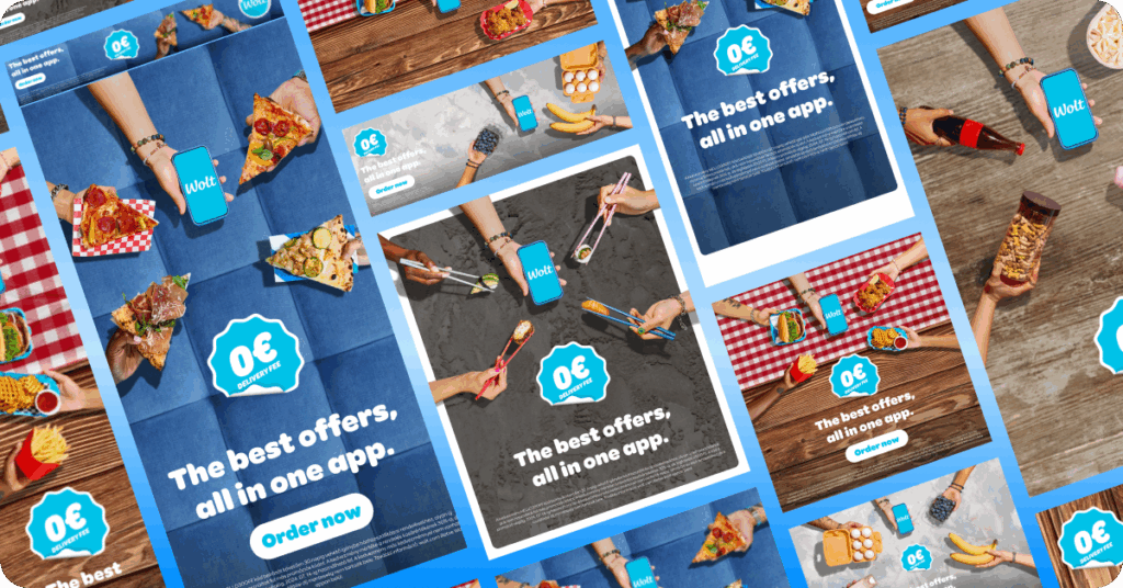Wolt campaign creative variations produced with Celtra’s Creative Automation platform — multiple ad layouts featuring food items and the headline ‘The best offers, all in one app.’ showcasing automated design scaling.