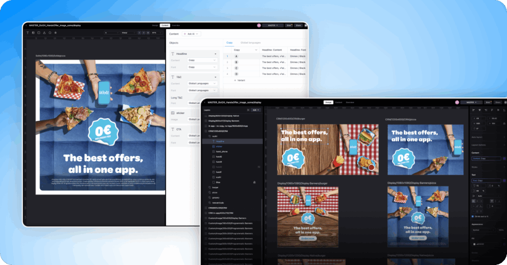 Celtra Creative Automation platform interface showing Wolt campaign templates in production — editable layers, dynamic elements, and automated text variations across ad formats for display and social.