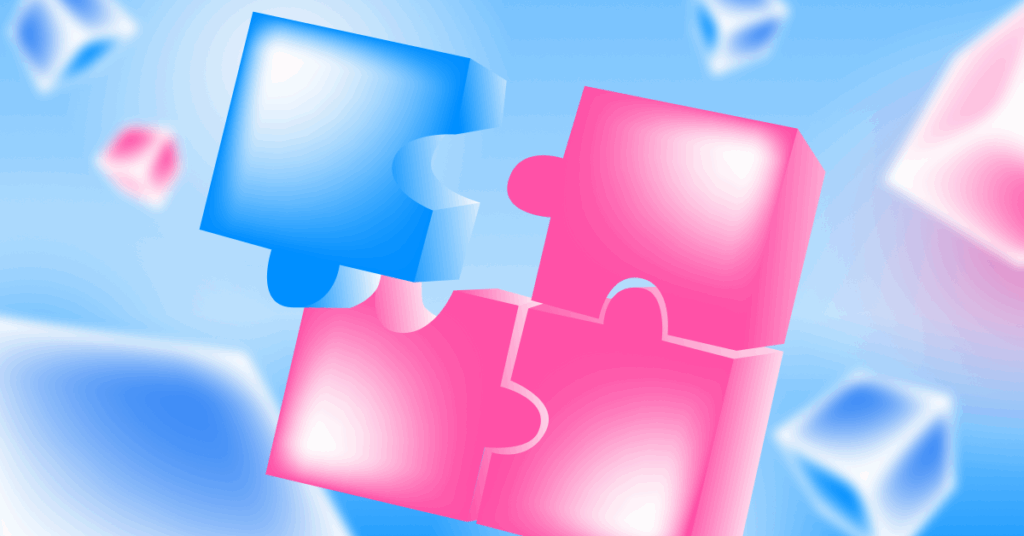 Abstract illustration of interlocking blue and pink puzzle pieces symbolizing how brand strategy connects creative, marketing, and media functions for cohesive campaign execution.