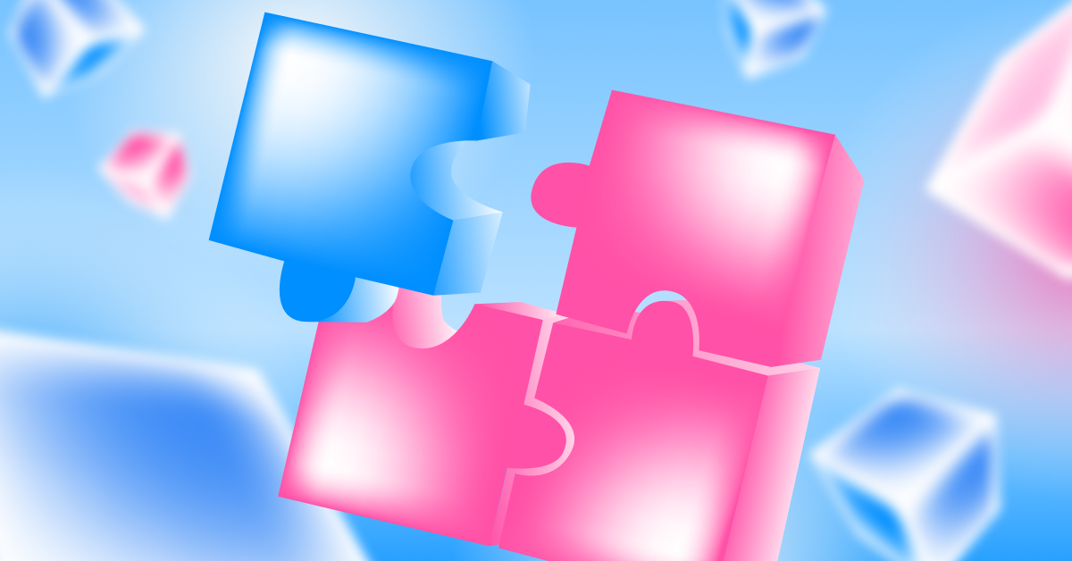 Abstract illustration of interlocking blue and pink puzzle pieces symbolizing how brand strategy connects creative, marketing, and media functions for cohesive campaign execution.