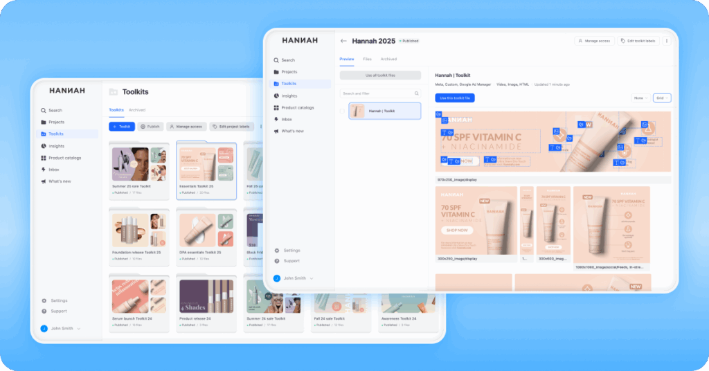 Screenshot of the Celtra platform showcasing creative toolkits that help teams manage and scale branded campaigns consistently — an example of how Creative Automation supports brand strategy.