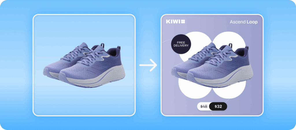 Before-and-after example showing how a plain product image is transformed into an on-brand ad creative using Celtra templates, demonstrating how design consistency strengthens brand strategy.