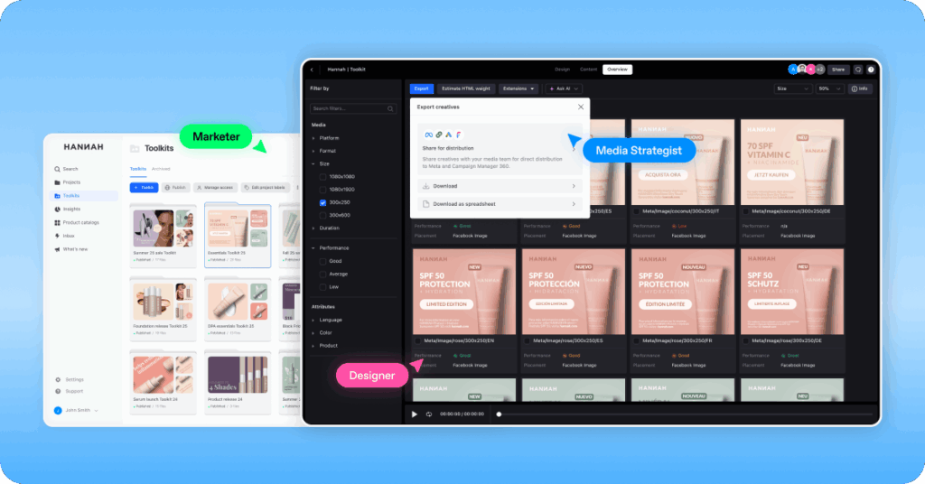Screenshot showing marketers, designers, and media strategists collaborating in Celtra’s Creative Automation platform to ensure brand strategy alignment across all creative assets.
