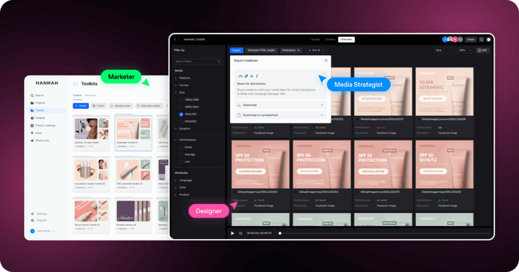 Celtra platform interface showing marketers, designers, and media strategists collaborating on branded ad creatives using Creative Automation.