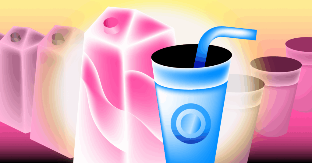 Colorful abstract illustration of product packaging and drink cups symbolizing creative brand expression and visual identity design.