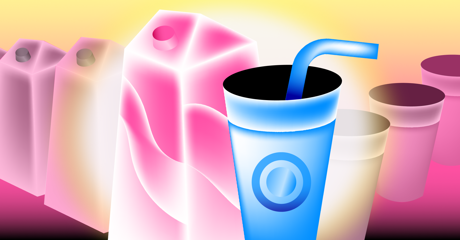 Colorful abstract illustration of product packaging and drink cups symbolizing creative brand expression and visual identity design.