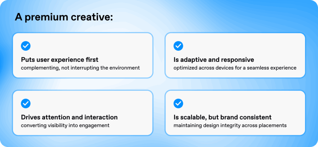 Celtra premium creative framework outlining user first design, responsive formats, high engagement, and scalable brand consistency across digital placements.