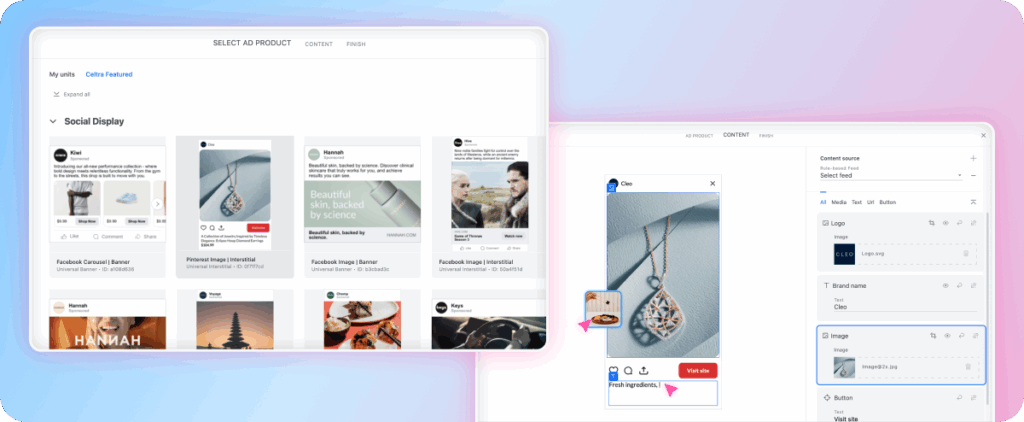 Gallery of interactive display and social ads created with Celtra’s creative automation platform, featuring Sephora, KitKat, KFC, and travel campaign examples.