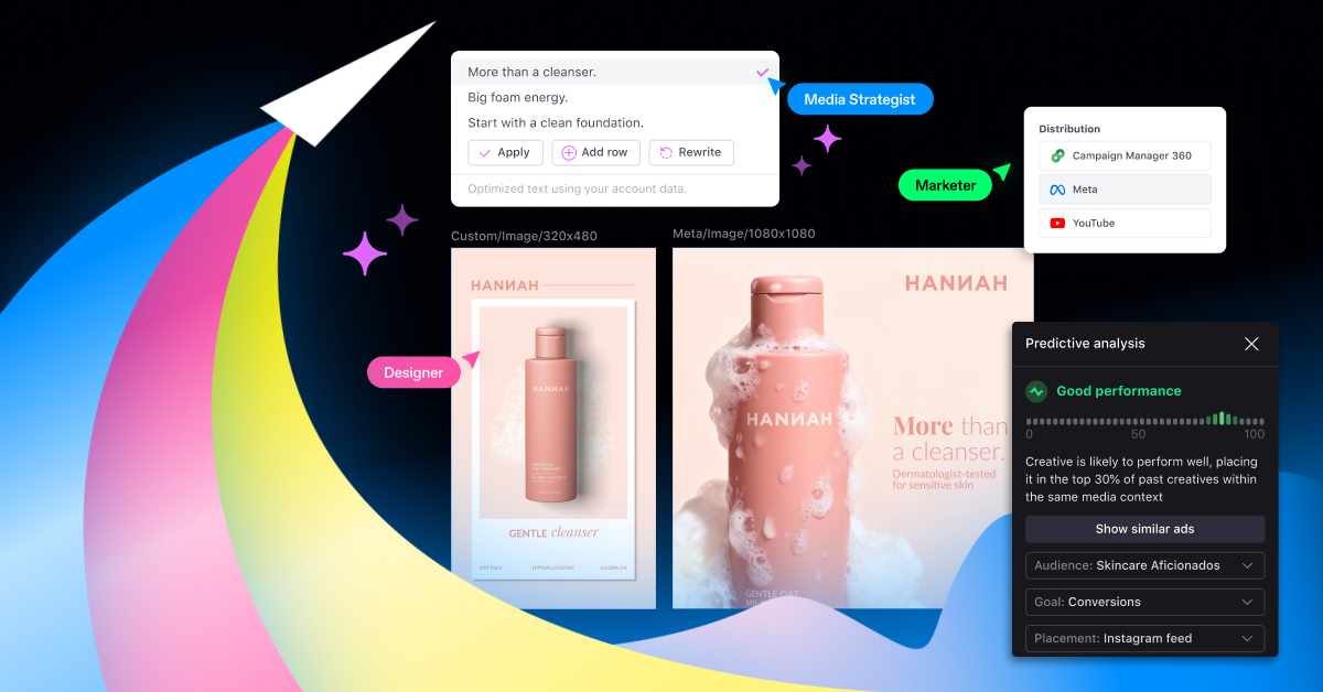 Colorful abstract illustration showing a creative workflow powered by automation, with designers, media strategists, and marketers connected through Celtra tools that generate optimized ad variations.