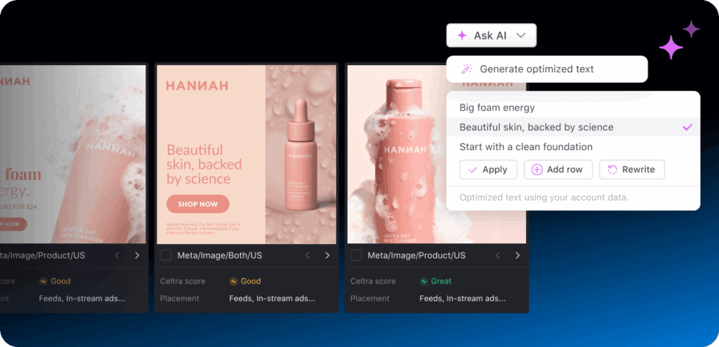 Interface showing Celtra’s Creative Automation producing multiple optimized ad variations, including AI-generated text suggestions and performance ratings for different placements.