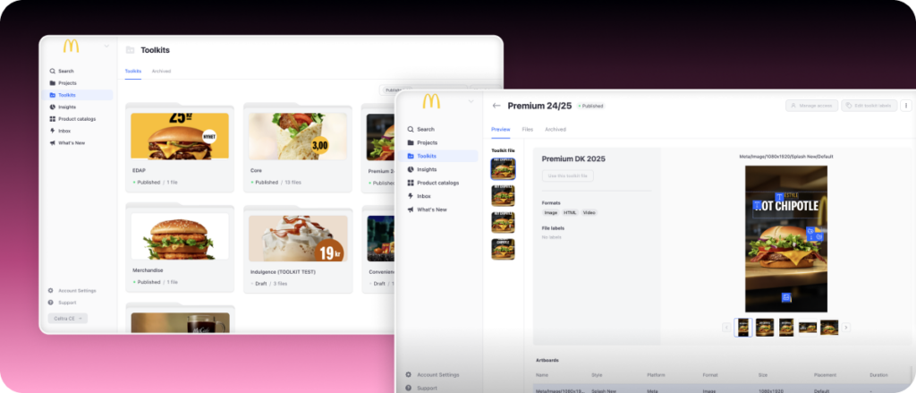 Celtra creative automation platform showing McDonald’s Nordics toolkits used to manage, scale, and adapt digital ad creatives across multiple markets