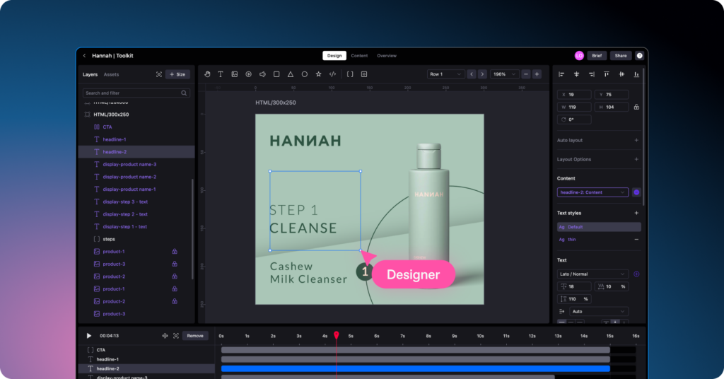 Celtra creative automation platform showing modular ad design workspace with timelines layers and scalable creative variations
