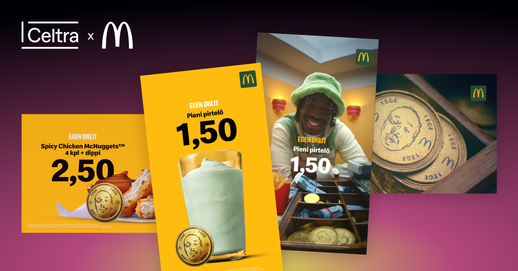 Celtra x McDonald’s Finland campaign visuals showcasing modular offer templates, localized pricing, and dynamic product ads powered by Creative Automation