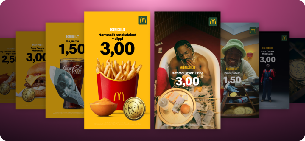 McDonald’s Finland modular ad templates created with Celtra Creative Automation featuring product offers, localized prices, and TV commercial video integration