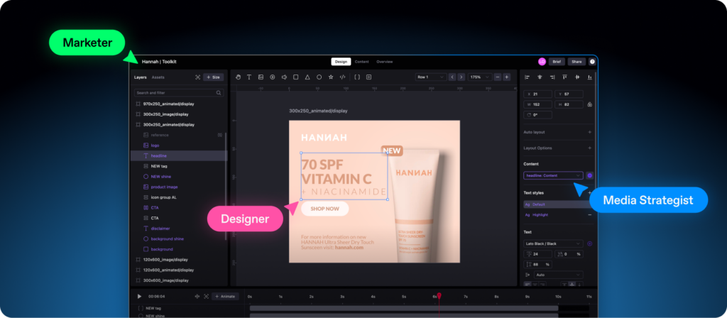 Celtra collaborative ad builder interface highlighting marketer, designer, and media strategist workflows for controlled and scalable creative production.