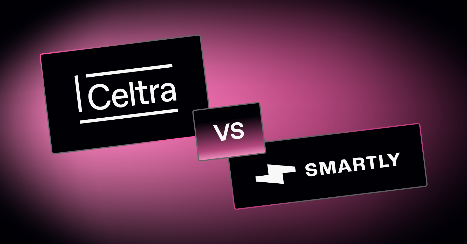 Celtra vs Smartly comparison graphic showing Celtra and Smartly logos facing off for blog post on creative automation platforms