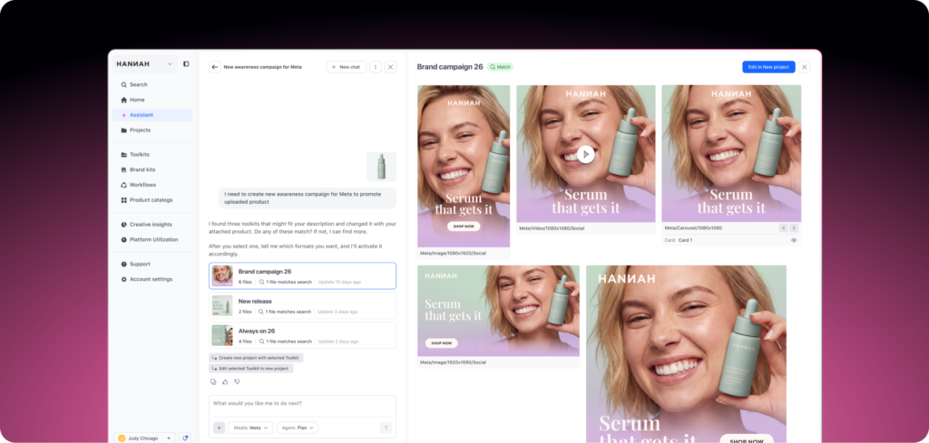 Celtra creative automation platform with AI assistant generating multi-format ad creatives for a brand campaign