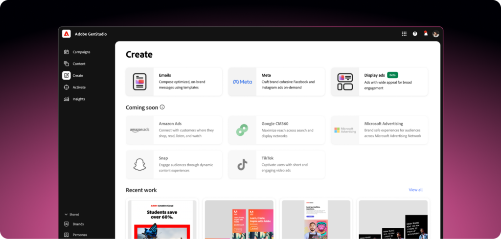 Adobe GenStudio interface for creating marketing content including emails, social ads and display campaigns