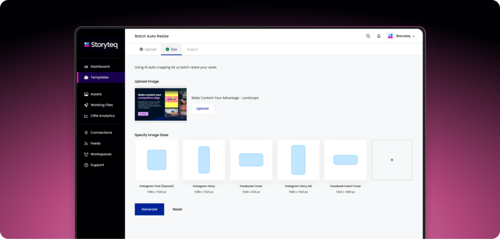 Storyteq platform interface for batch resizing and automating creative production across multiple ad formats