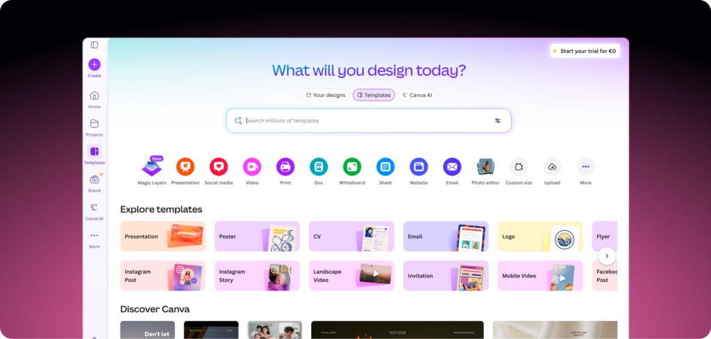 Canva design platform with templates, search and drag and drop tools for creating marketing assets