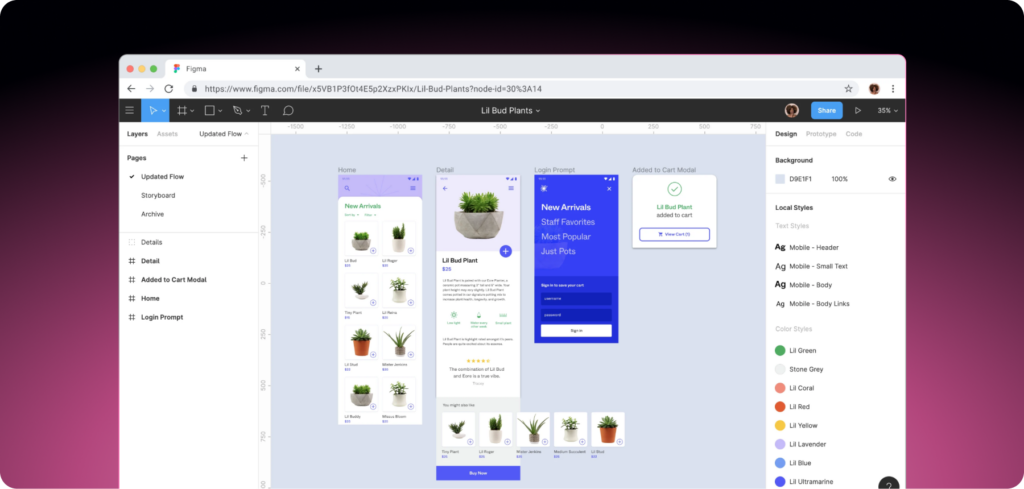 Figma interface showing UI design workflow with screens, components and prototyping tools