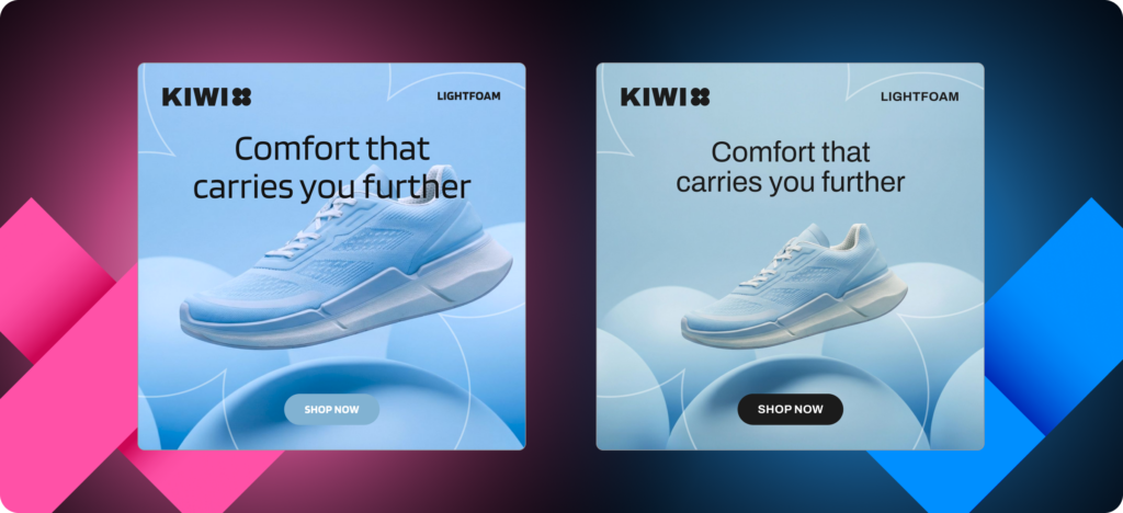 Celtra agentic advertising example showing automated creative variations for Kiwi footwear brand, highlighting consistent branding across different layout compositions.