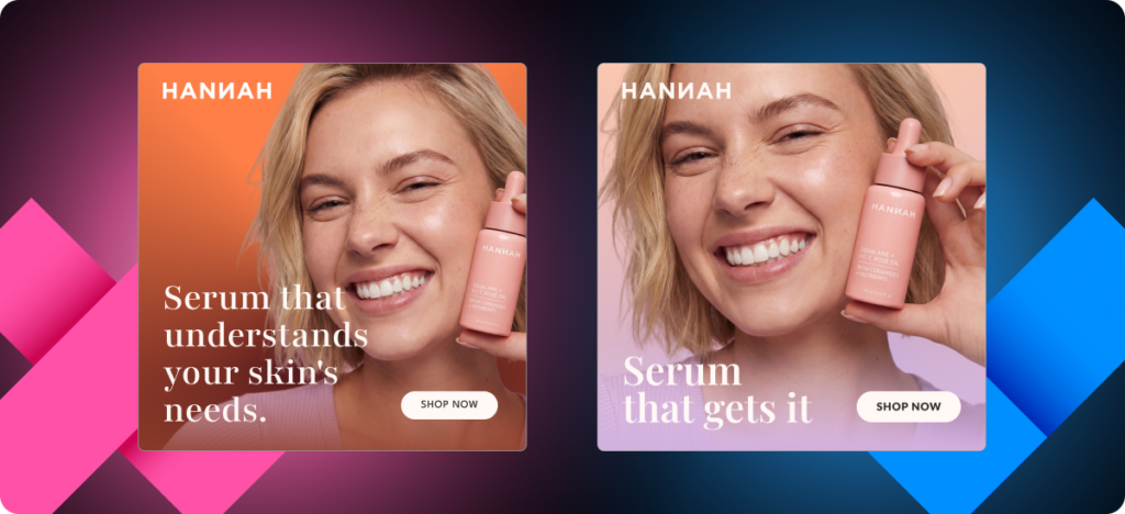 Comparison of on-brand versus off-brand AI-generated creative for Hannah skincare, highlighting the importance of governance in agentic advertising.