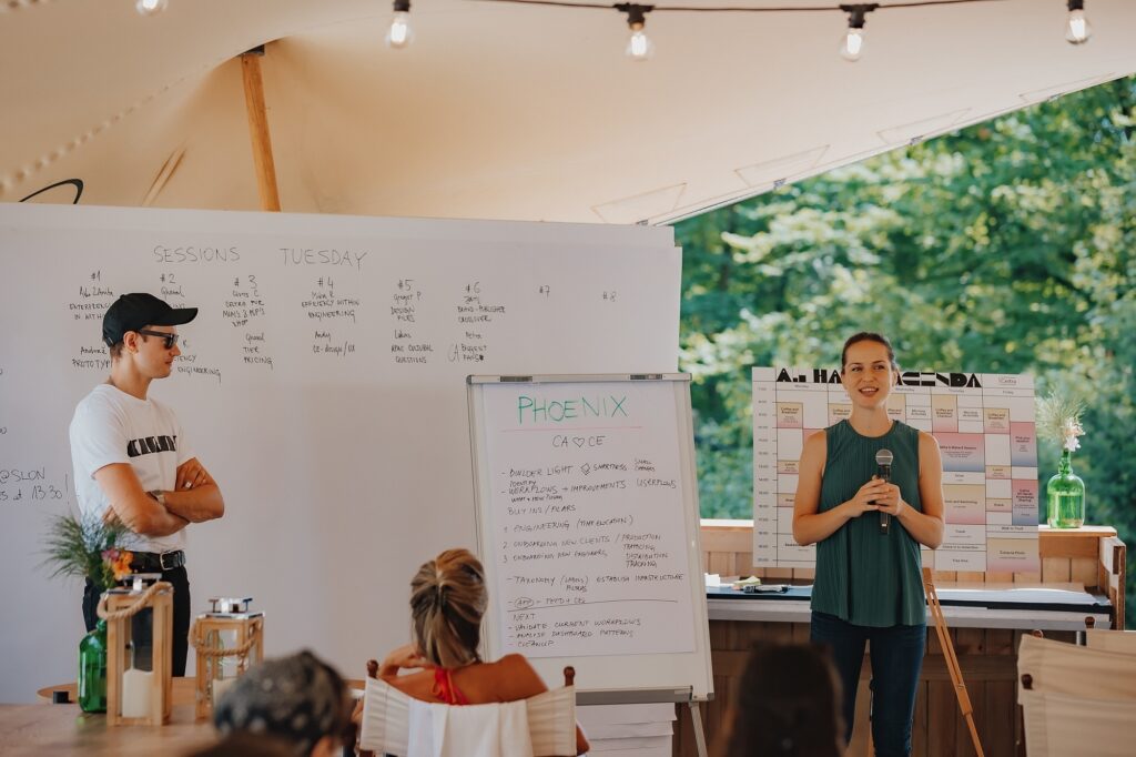 Celtra Lead Product Designer Anita Richards (second from right) with colleagues at an outdoor company picnic event during the 2021 All Hands.