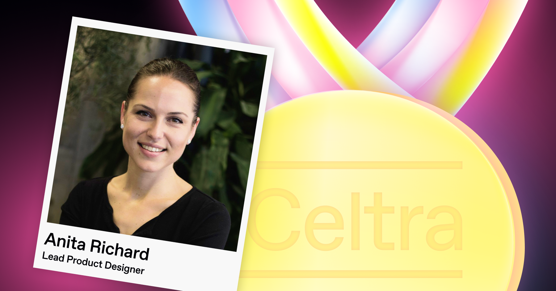 nita Richard, Lead Product Designer at Celtra, featured on a career path blog cover with a stylized gold medal graphic background.