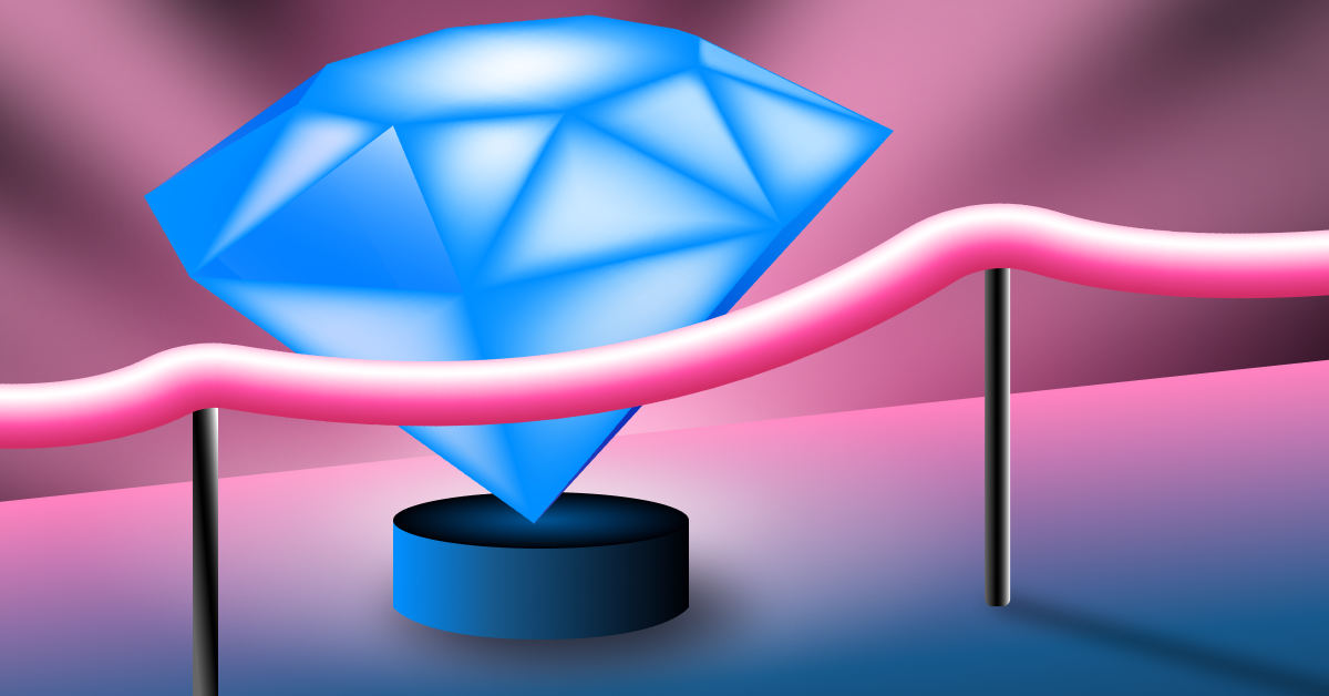 bstract 3D graphic of a large blue diamond resting on a pedestal behind a neon pink line, serving as a cover illustration for Celtra's blog on AI tools for Facebook ads.