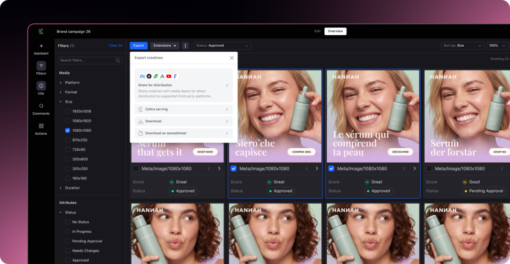 Celtra creative automation platform dashboard showcasing automated ad variations and export options for Facebook and Meta social media campaigns.