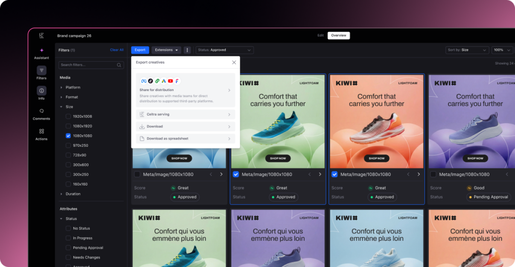 Celtra creative automation platform dashboard showcasing automated ad variations and export options for Facebook and Meta social media campaigns.