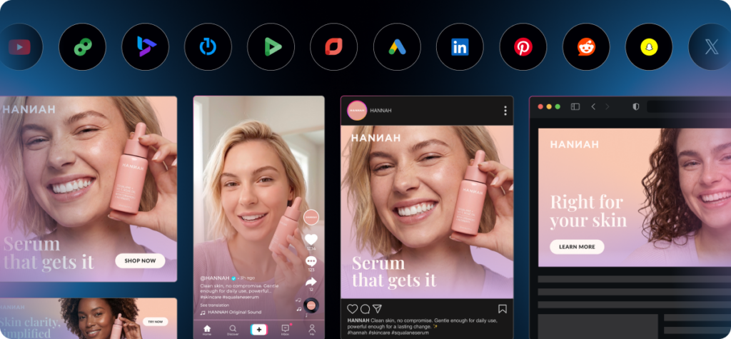 A split-screen user interface showing an AI node-based asset upload workflow on the left and a generated ad layout matrix on the right for a skincare marketing campaign.