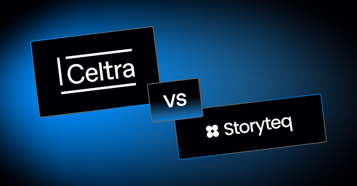 Celtra vs Storyteq comparison guide graphic for Creative Automation platforms.