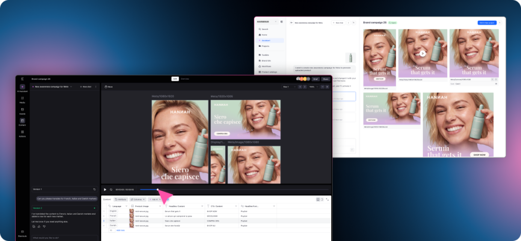 Celtra Creative Automation platform interface showing AI-driven ad localization and multi-size scaling for global marketing campaigns.