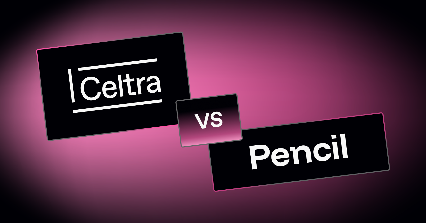 Minimalist dark presentation slide featuring the Celtra logo on the left and the Pencil text logo on the right, separated by a gradient 