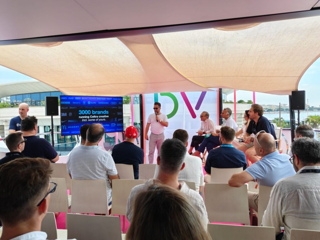Celtra presentation slide showing 3000 brands running Celtra creative during an outdoor Cannes Lions 2026 workshop.