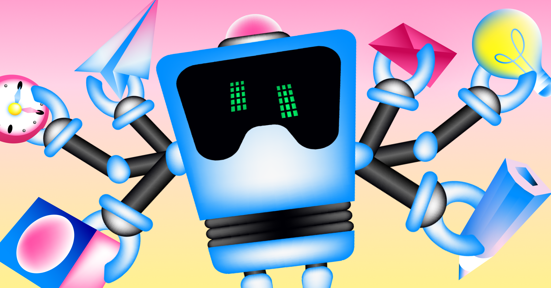Illustration of a multi-armed marketing AI robot multitasking with a clock, paper airplane, envelope, lightbulb, pencil, and digital ad asset on a pink and yellow gradient background.